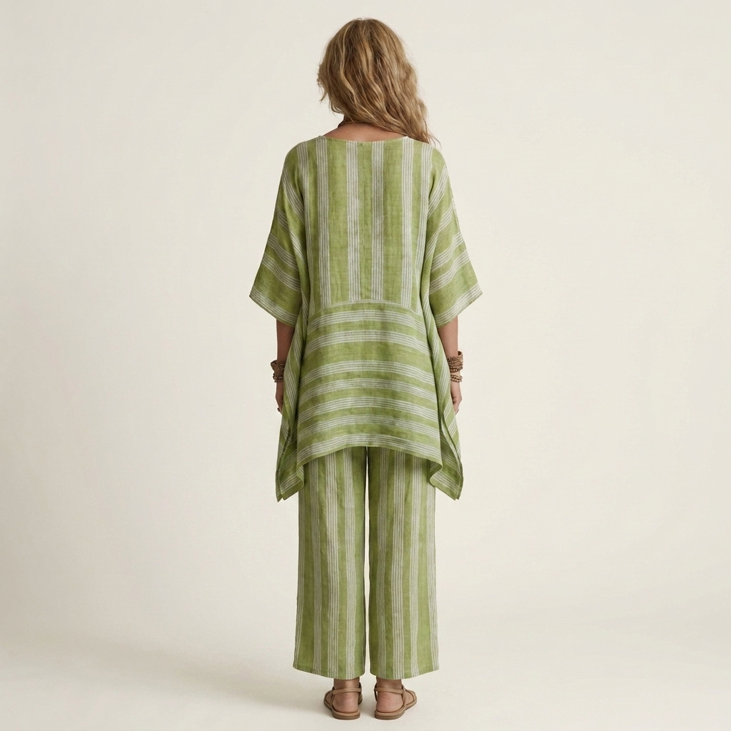 Green striped cotton-linen two-piece set with tunic top and wide-leg pants