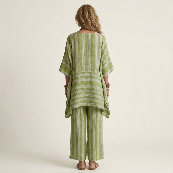 Green striped cotton-linen two-piece set with tunic top and wide-leg pants