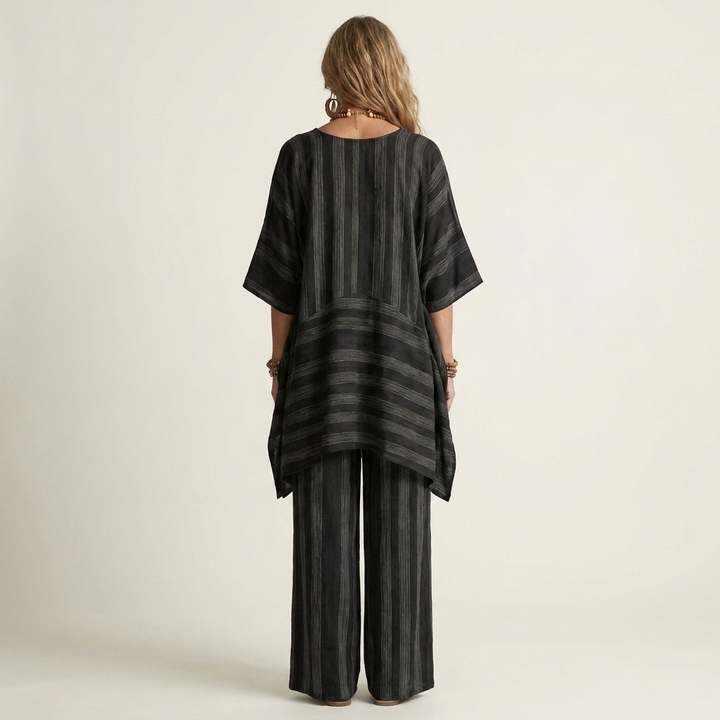 Black striped two-piece set with rear view, tunic and wide-leg pants