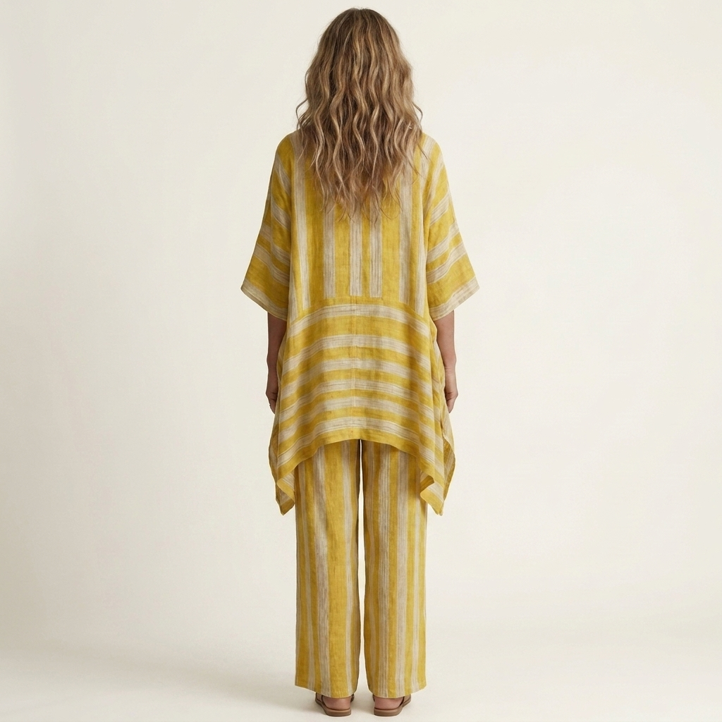 Yellow striped two-piece set with rear view, tunic and wide-leg pants