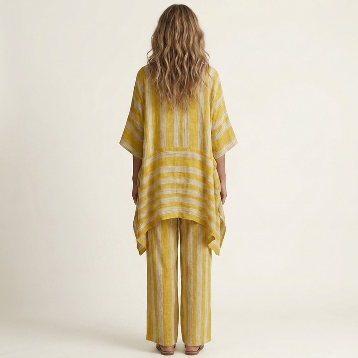 Yellow striped two-piece set with rear view, tunic and wide-leg pants