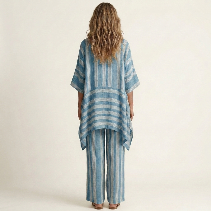 Blue striped two-piece set with rear view, tunic and wide-leg pants