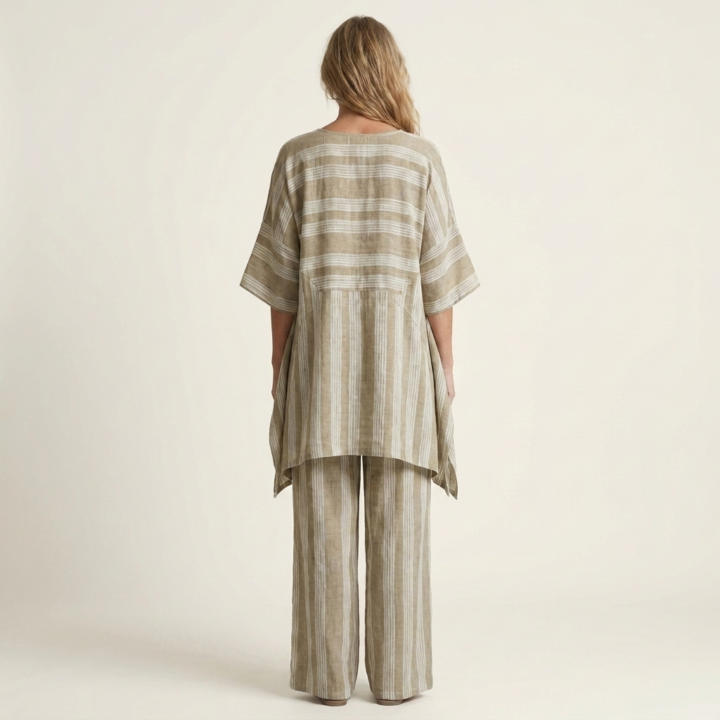 Beige striped two-piece set with rear view, tunic and wide-leg pants