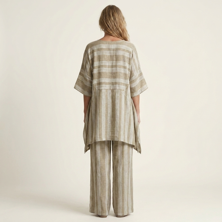 Beige striped two-piece set with rear view, tunic and wide-leg pants