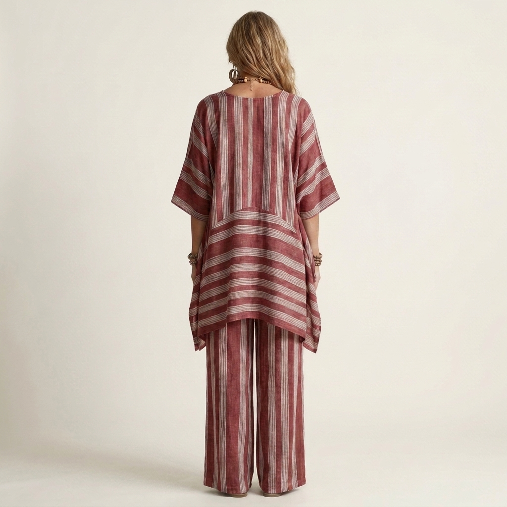 Red striped two-piece set with rear view, tunic and wide-leg pants