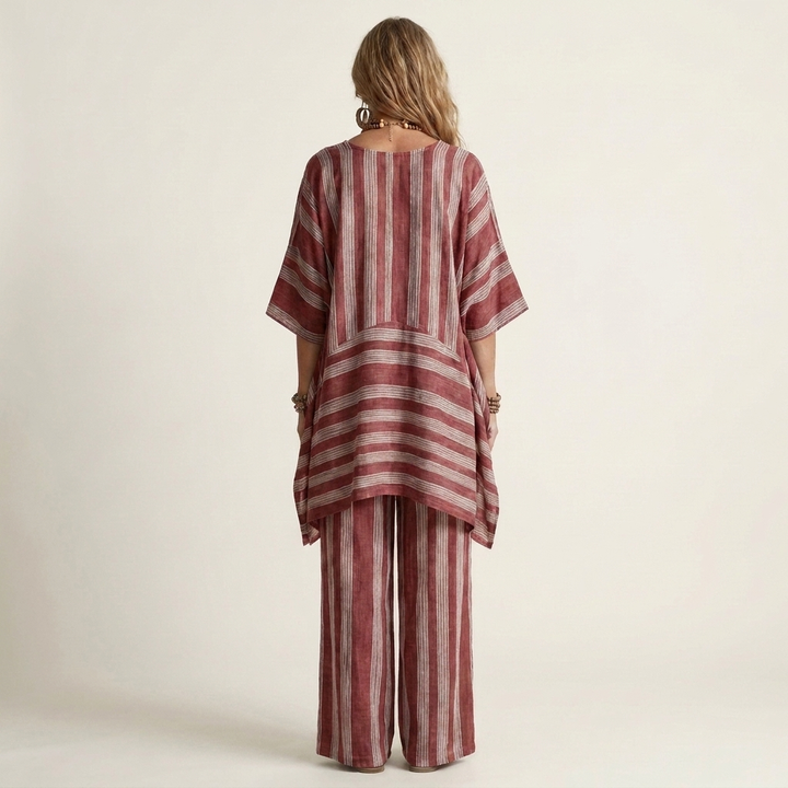 Red striped two-piece set with rear view, tunic and wide-leg pants