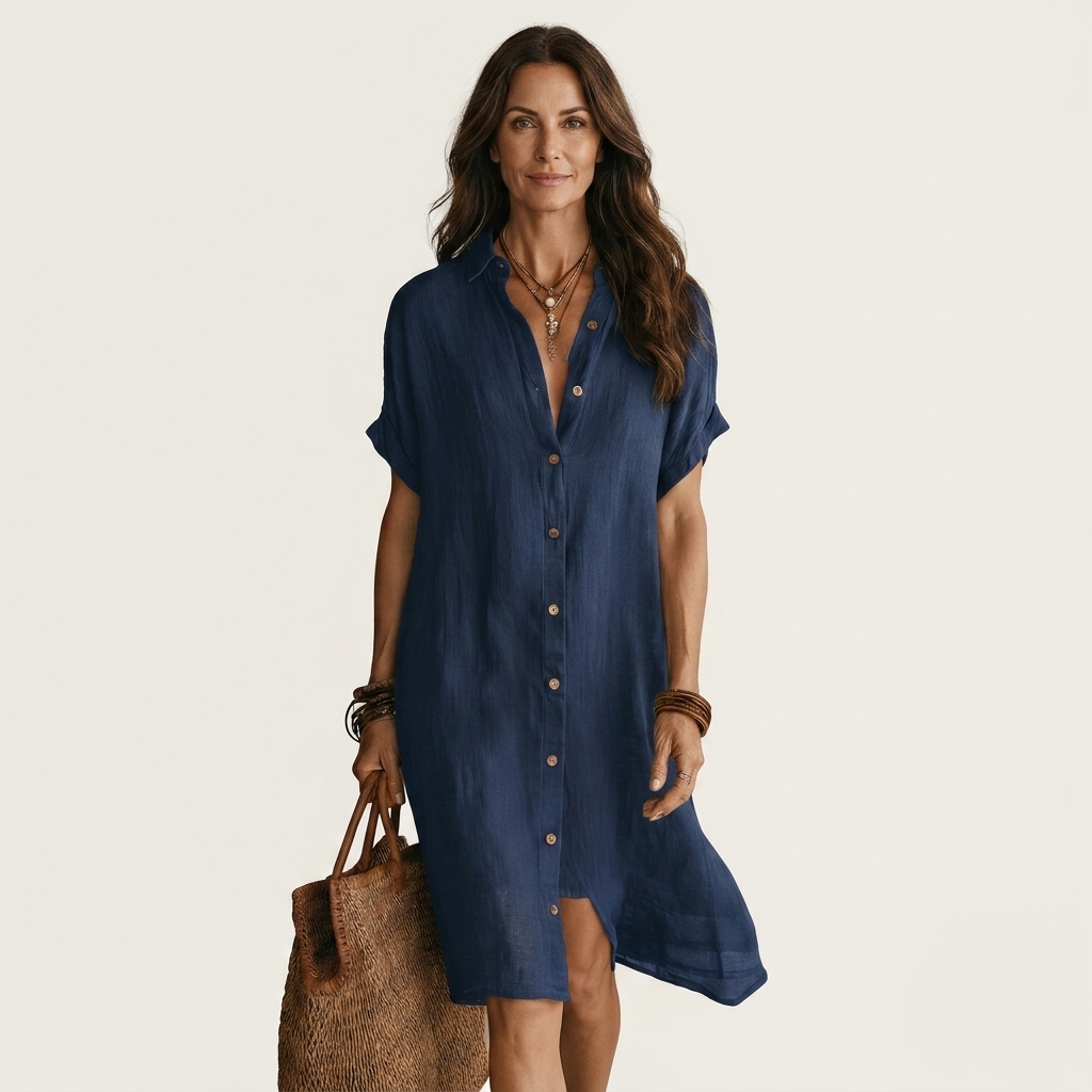 Blue cotton-linen midi shirt dress with button front and short sleeves