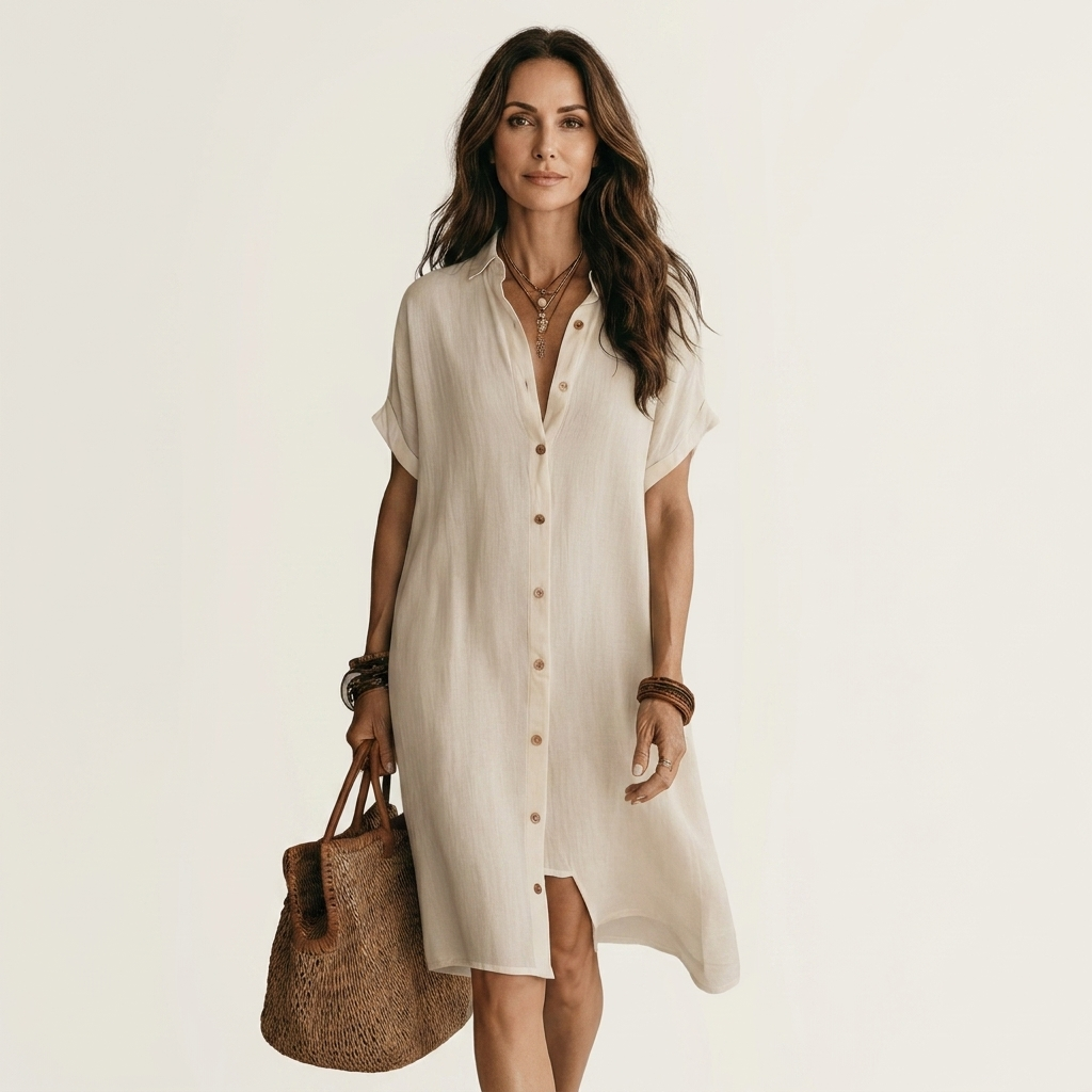 White cotton-linen midi shirt dress with button front and short sleeves