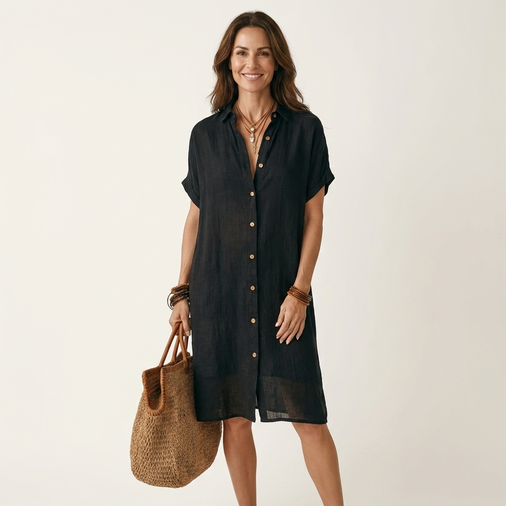 Dark blue cotton-linen midi shirt dress with button front and short sleeves
