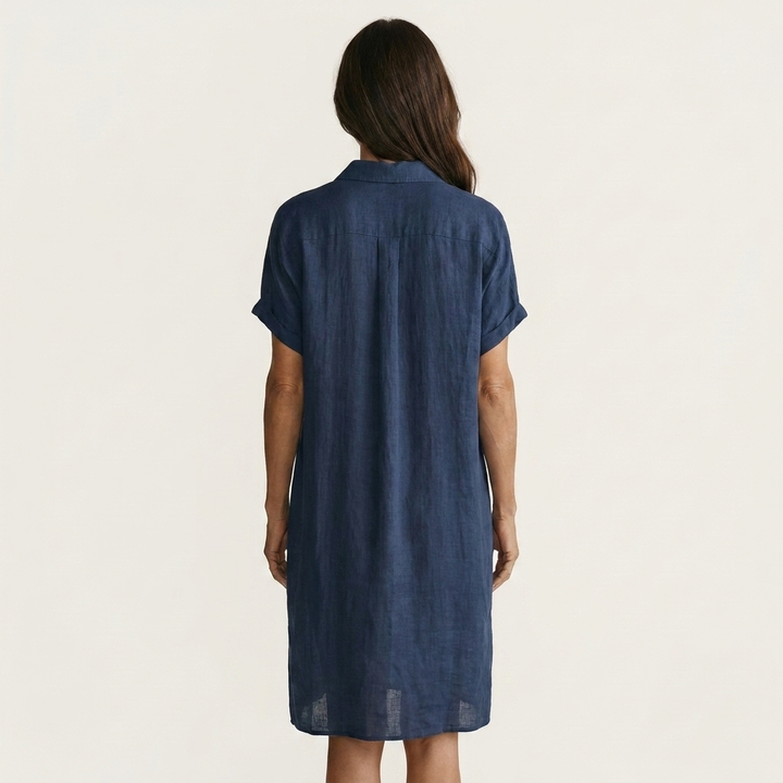Blue cotton-linen midi shirt dress, back view with button placket and short sleeves