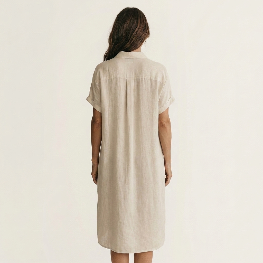 White cotton-linen midi shirt dress, back view with button placket and short sleeves
