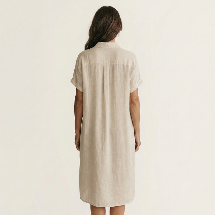 White cotton-linen midi shirt dress, back view with button placket and short sleeves