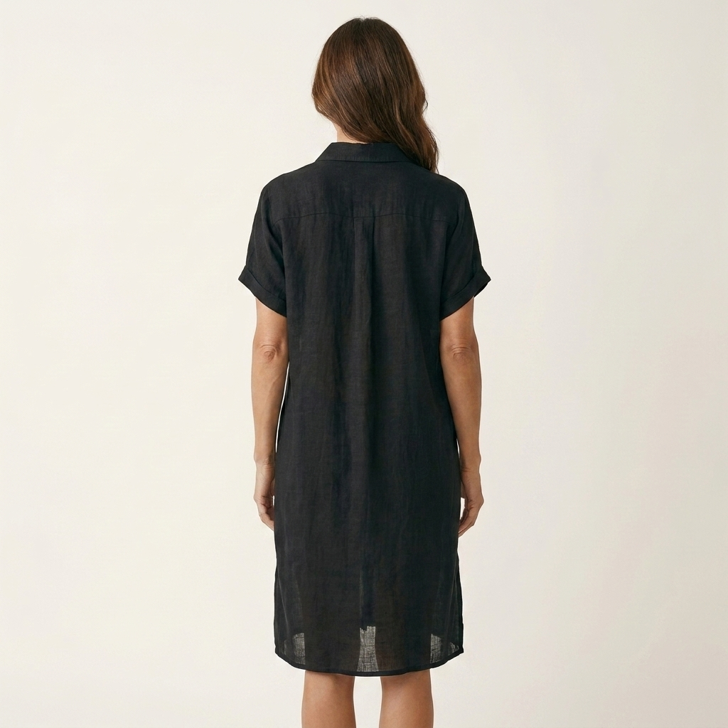 Dark blue cotton-linen midi shirt dress, back view with button placket and short sleeves