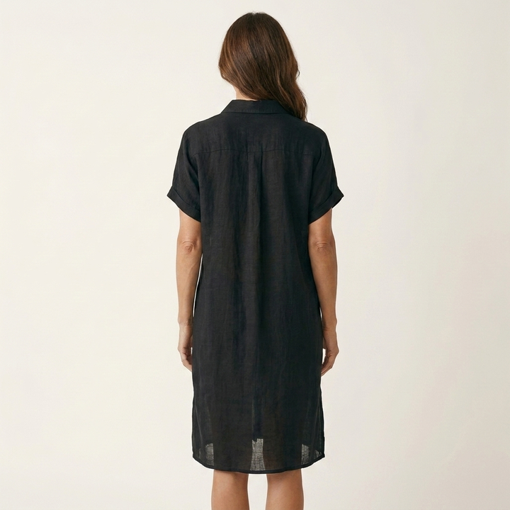 Dark blue cotton-linen midi shirt dress, back view with button placket and short sleeves