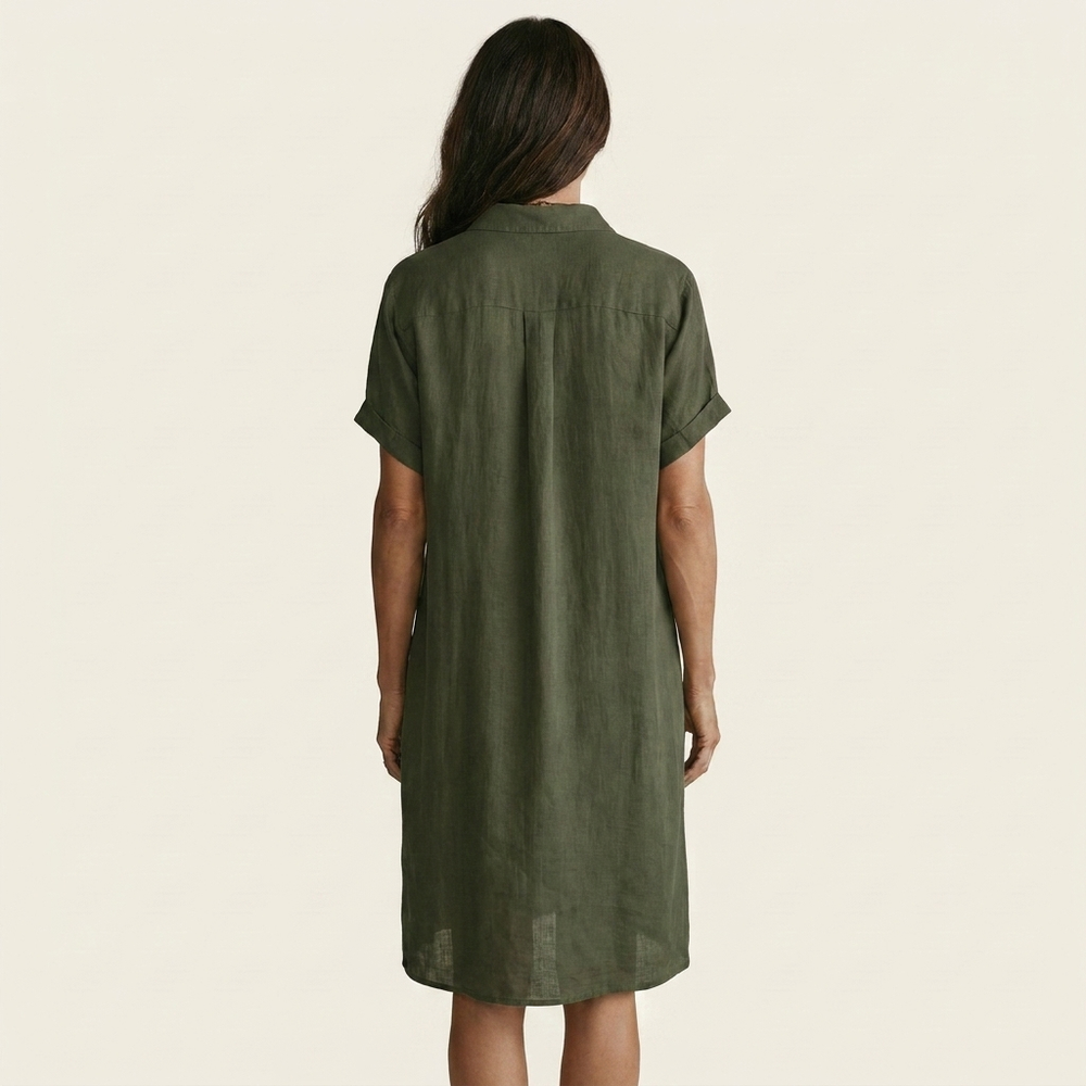 Olive green cotton-linen midi shirt dress, back view with button placket and short sleeves