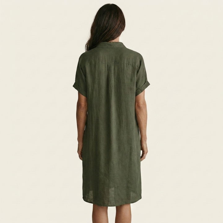 Olive green cotton-linen midi shirt dress, back view with button placket and short sleeves