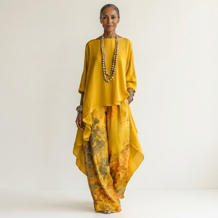 Yellow cotton-silk two-piece set with asymmetric tunic and wide-leg floral printed pants