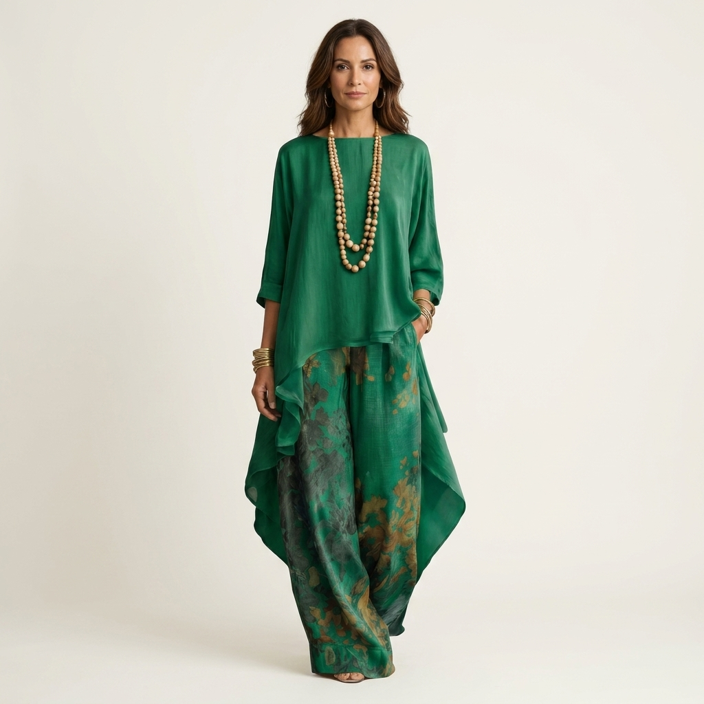 Green cotton-silk two-piece set with asymmetric tunic and wide-leg printed pants