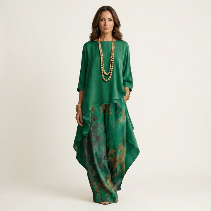 Green cotton-silk two-piece set with asymmetric tunic and wide-leg printed pants
