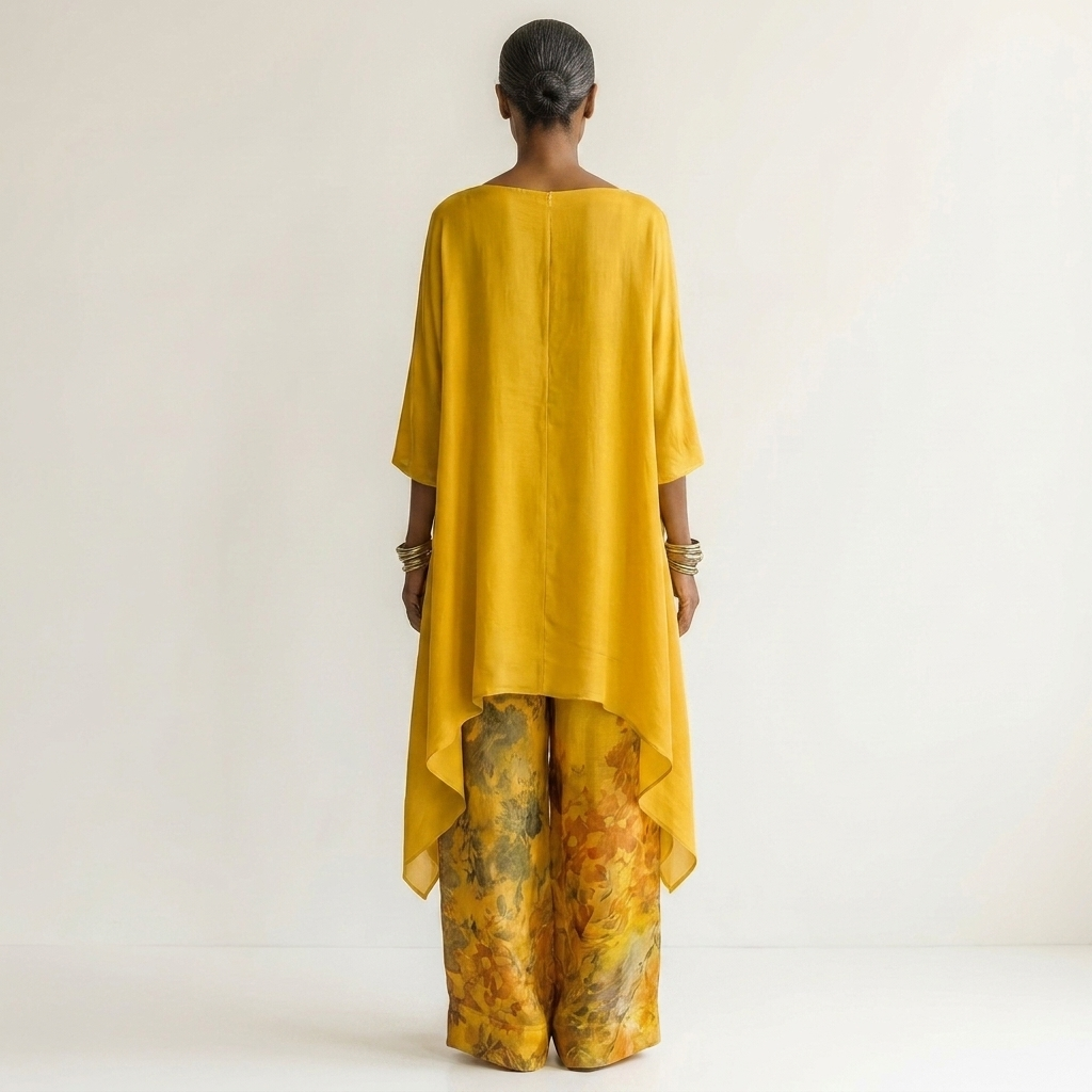 Yellow cotton-silk two-piece set, back view tunic with draped hem and floral printed pants