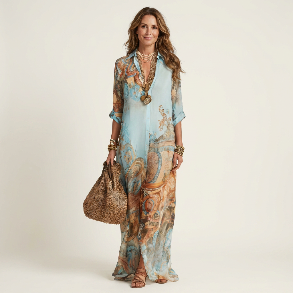 Blue silk maxi shirt dress with paisley print, V-neck and three-quarter sleeves