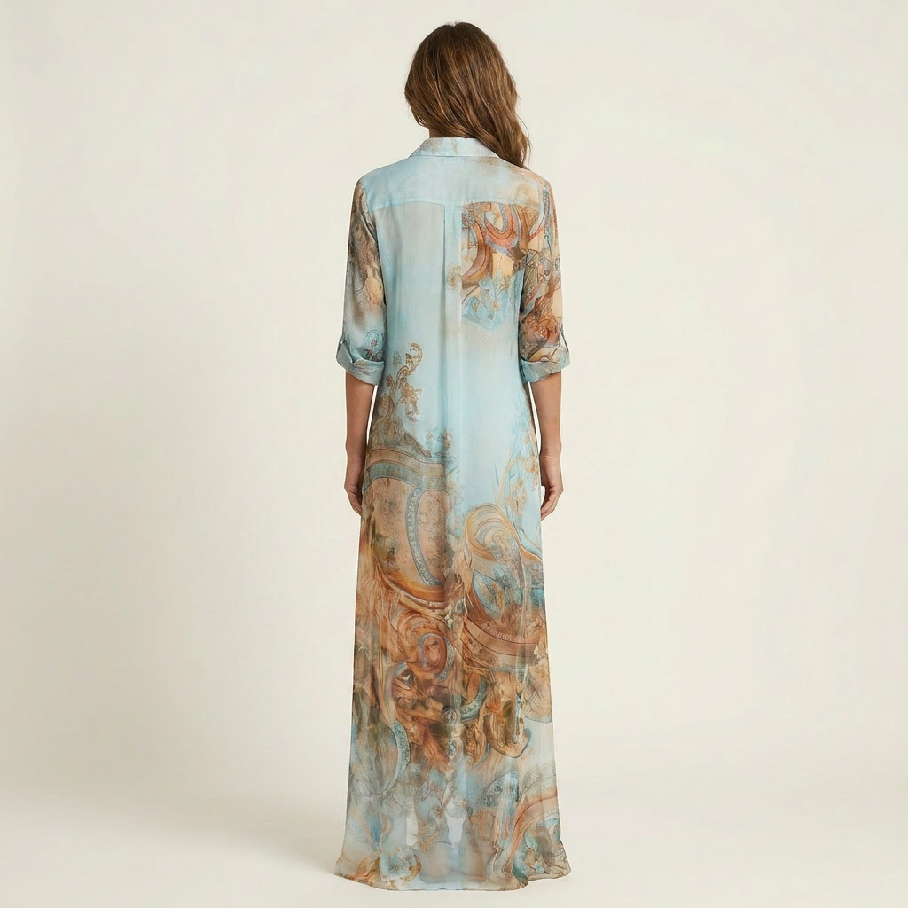 Blue silk maxi shirt dress, back view with V-shaped yoke and paisley print