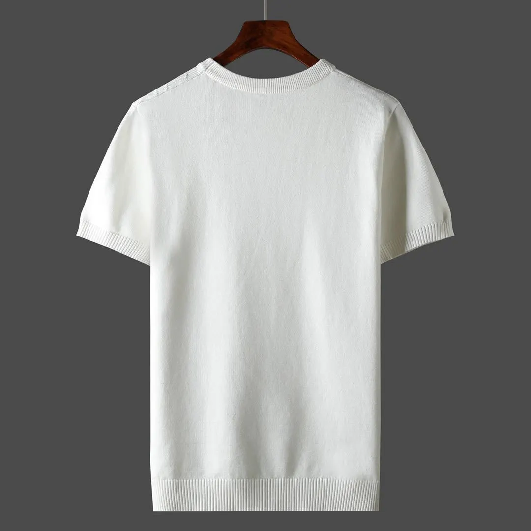 White cashmere crew-neck knit shirt, short sleeves, ribbed collar and hem (back view)