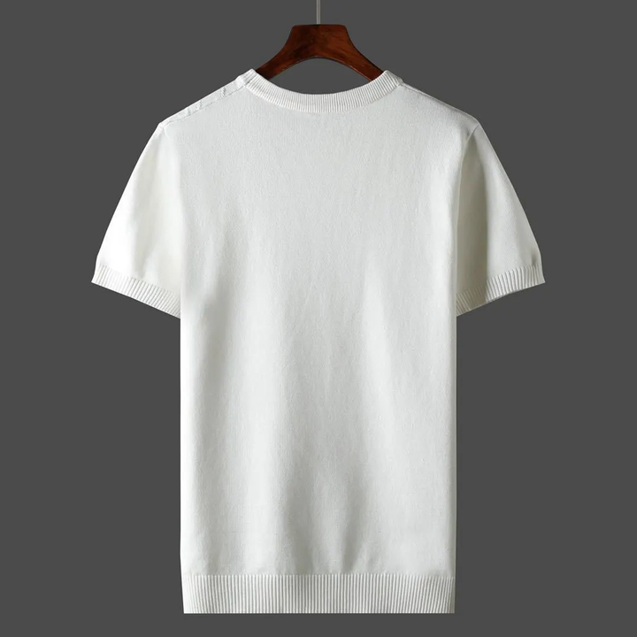 White cashmere crew-neck knit shirt, short sleeves, ribbed collar and hem (back view)