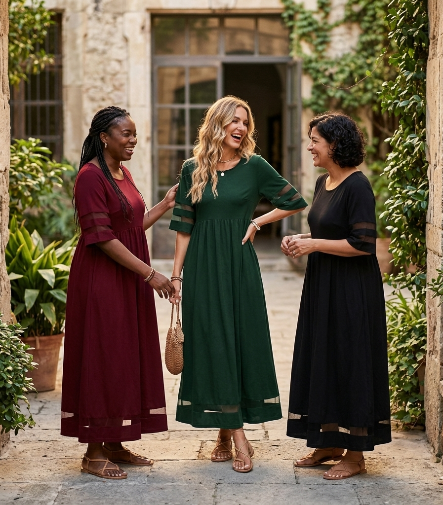 Green midi dress with gathered waist and sheer cutout sleeves, finished with mesh hem panel.