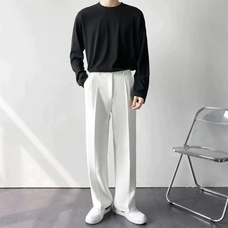 White pleated wide-leg trousers, full-length front view with straight relaxed legs