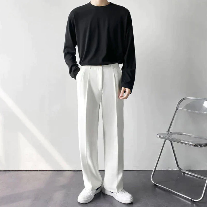 White pleated wide-leg trousers, full-length front view with straight relaxed legs