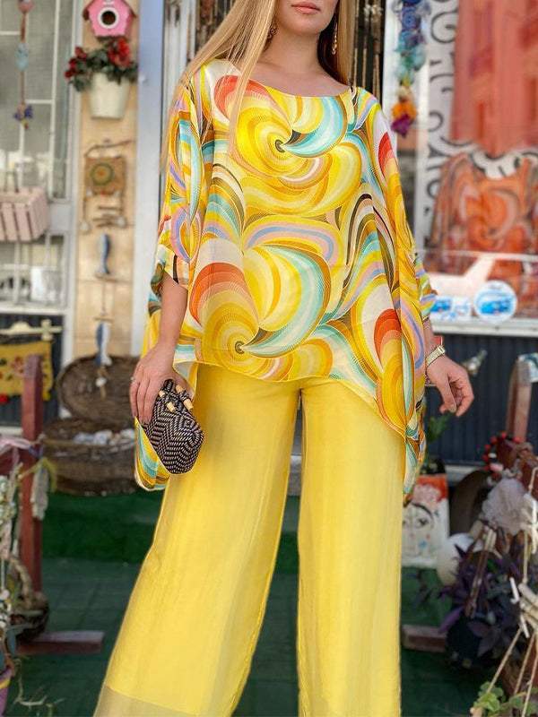 Multicolor swirl tunic with elbow-length sleeves and yellow wide-leg pants set