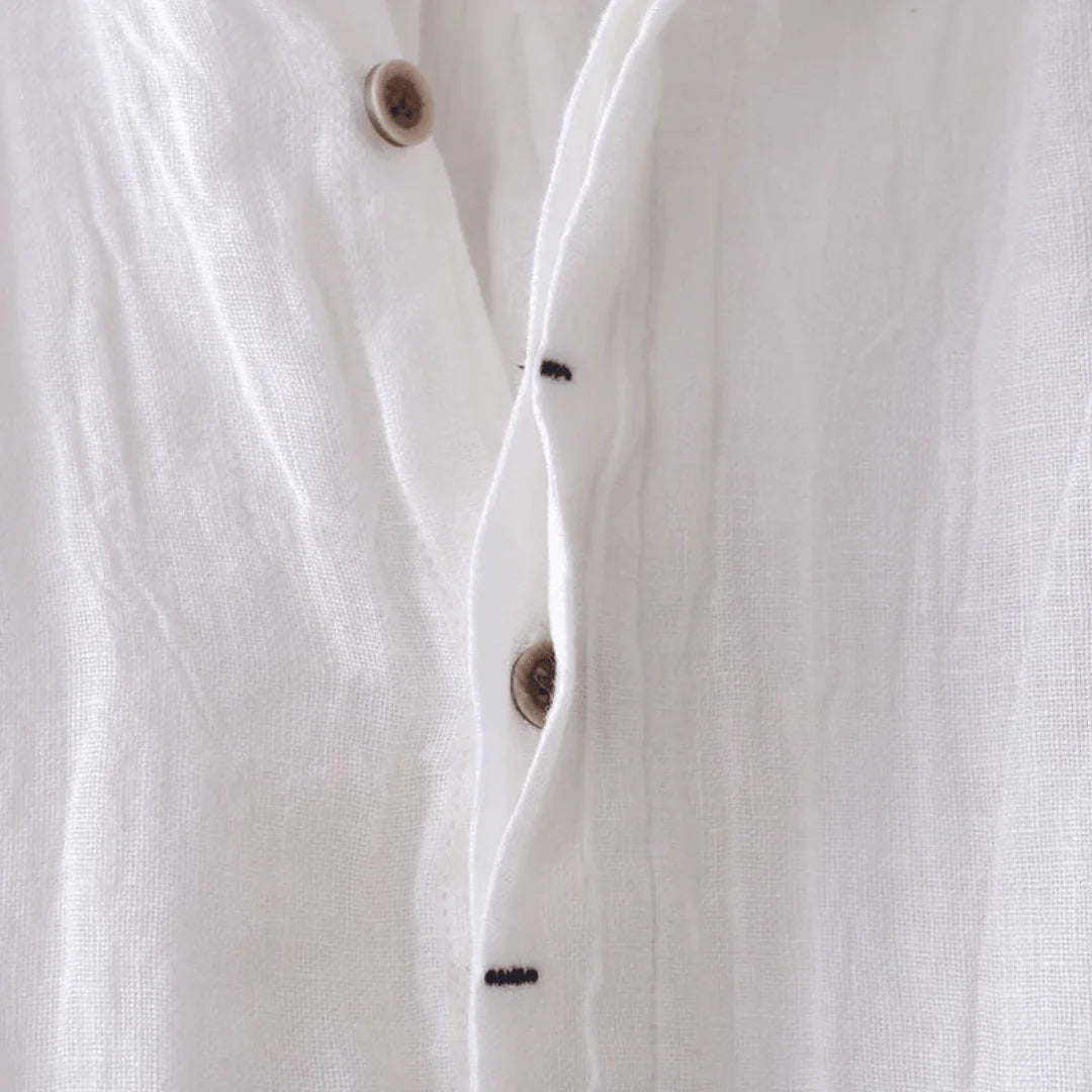 White short-sleeve button-up shirt close-up of front buttons and placket stitching