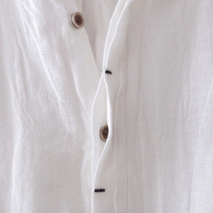 White short-sleeve button-up shirt close-up of front buttons and placket stitching