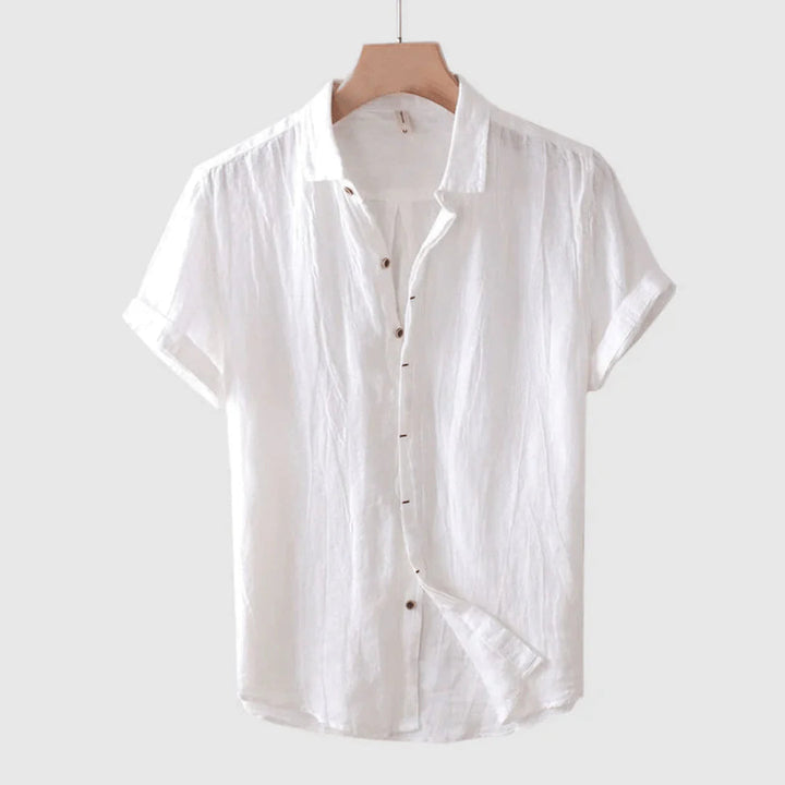 White short-sleeve button-up shirt with point collar and partial front button placket