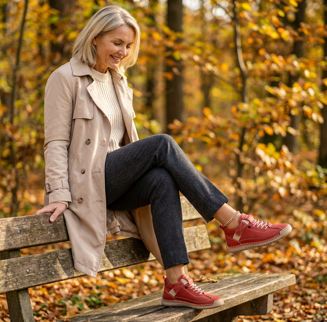 Red sneakers with lace-up front, cushioned sole, and side stitching