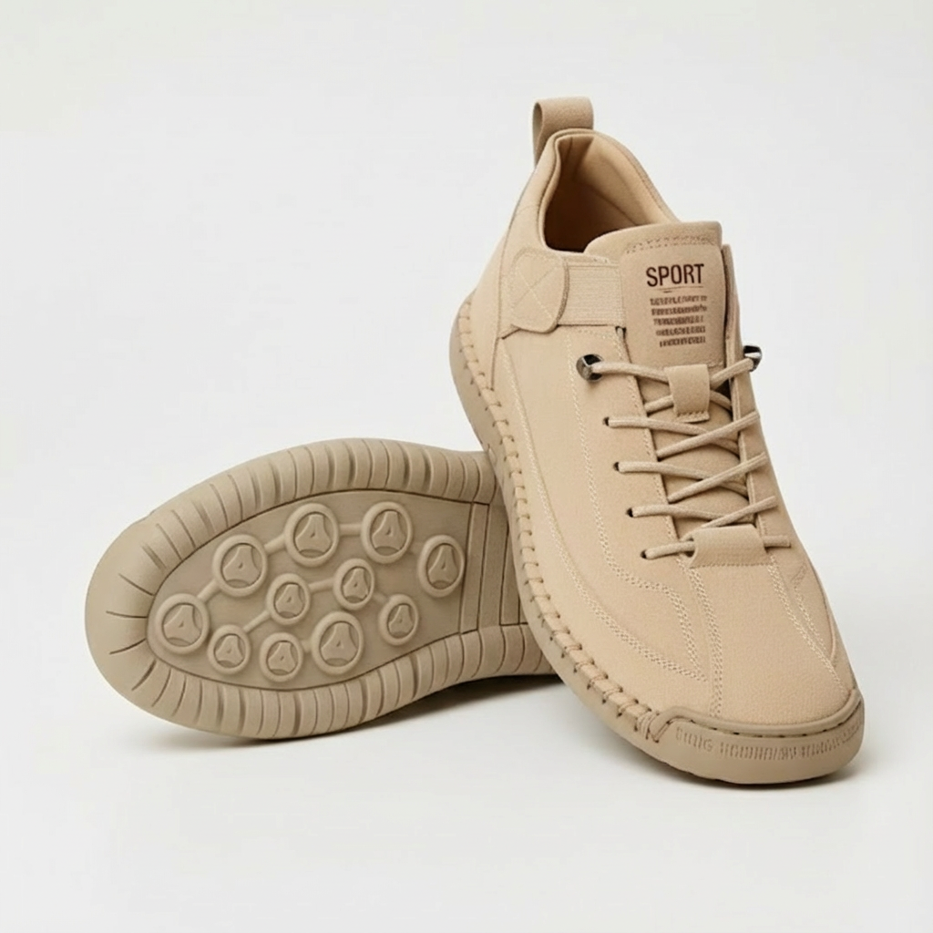 Beige orthopedic slip-on sneaker with laces and textured rubber sole tread
