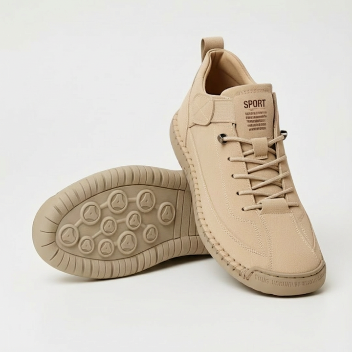 Beige orthopedic slip-on sneaker with laces and textured rubber sole tread