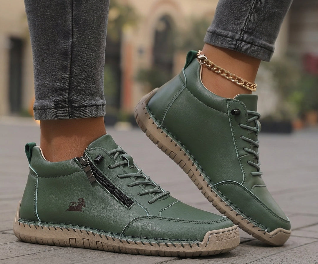 Side-zip lace-up sneakers in dark green with lace-up front and side zipper