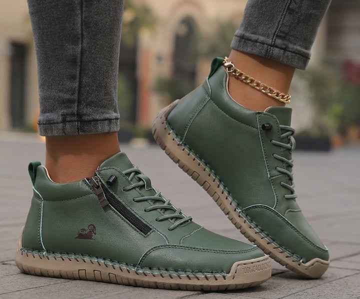 Side-zip lace-up sneakers in dark green with lace-up front and side zipper