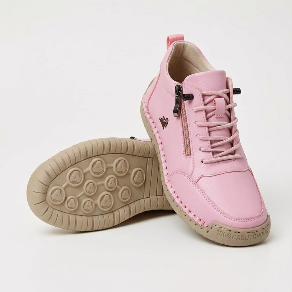 Pink side-zip lace-up sneakers with zip pocket panel and beige textured outsole