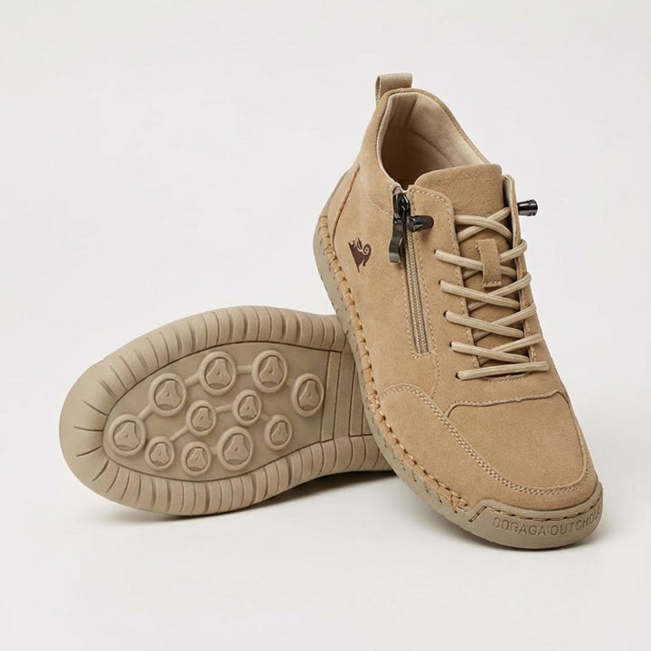 Khaki side-zip lace-up sneakers with tan textured sole and zip panel at the side