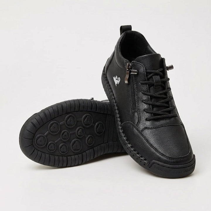 Black side-zip lace-up sneakers with lace-up front and textured rubber outsole