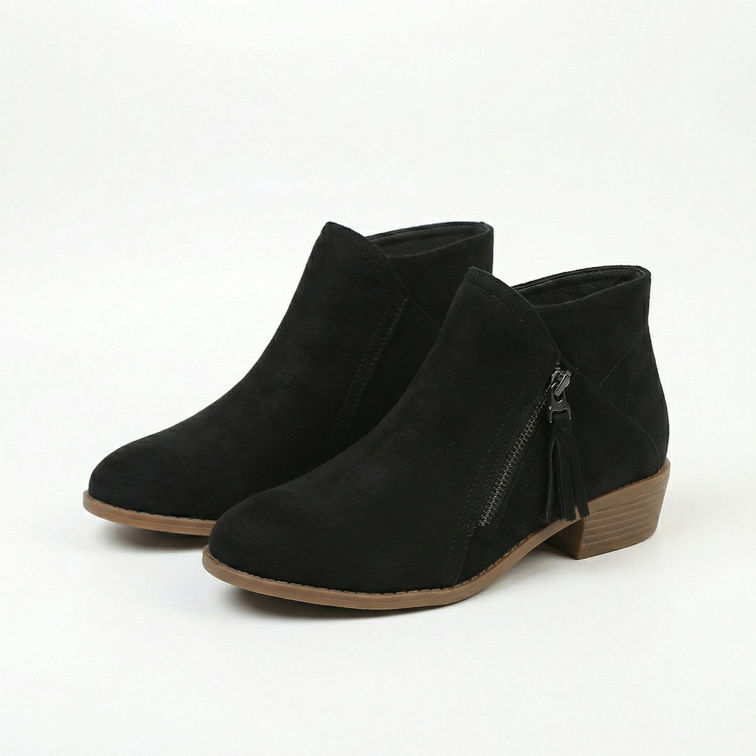 Black suede ankle boots with side zipper and low block heel
