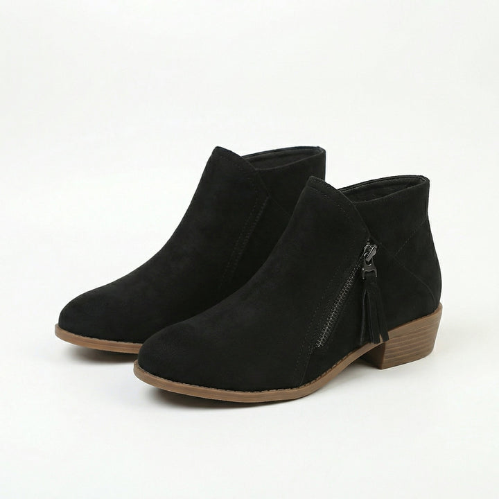 Black suede ankle boots with side zipper and low block heel