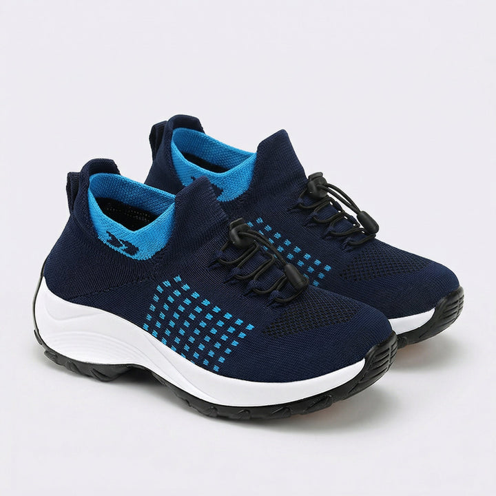 Navy unisex lace-up walking sneakers with blue trim and white cushioned sole