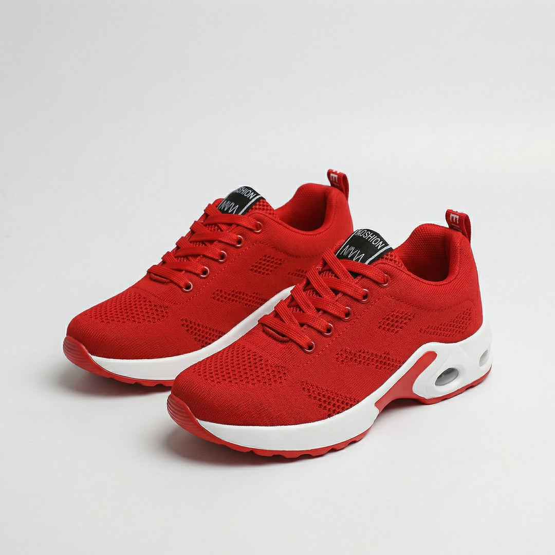 Red lace-up mesh walking sneakers with cushioned sole for women
