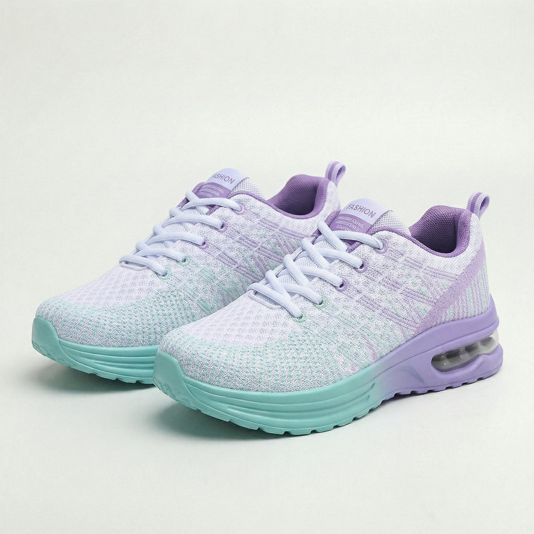 Women’s air cushion walking sneakers, pair: lavender knit upper, teal air sole