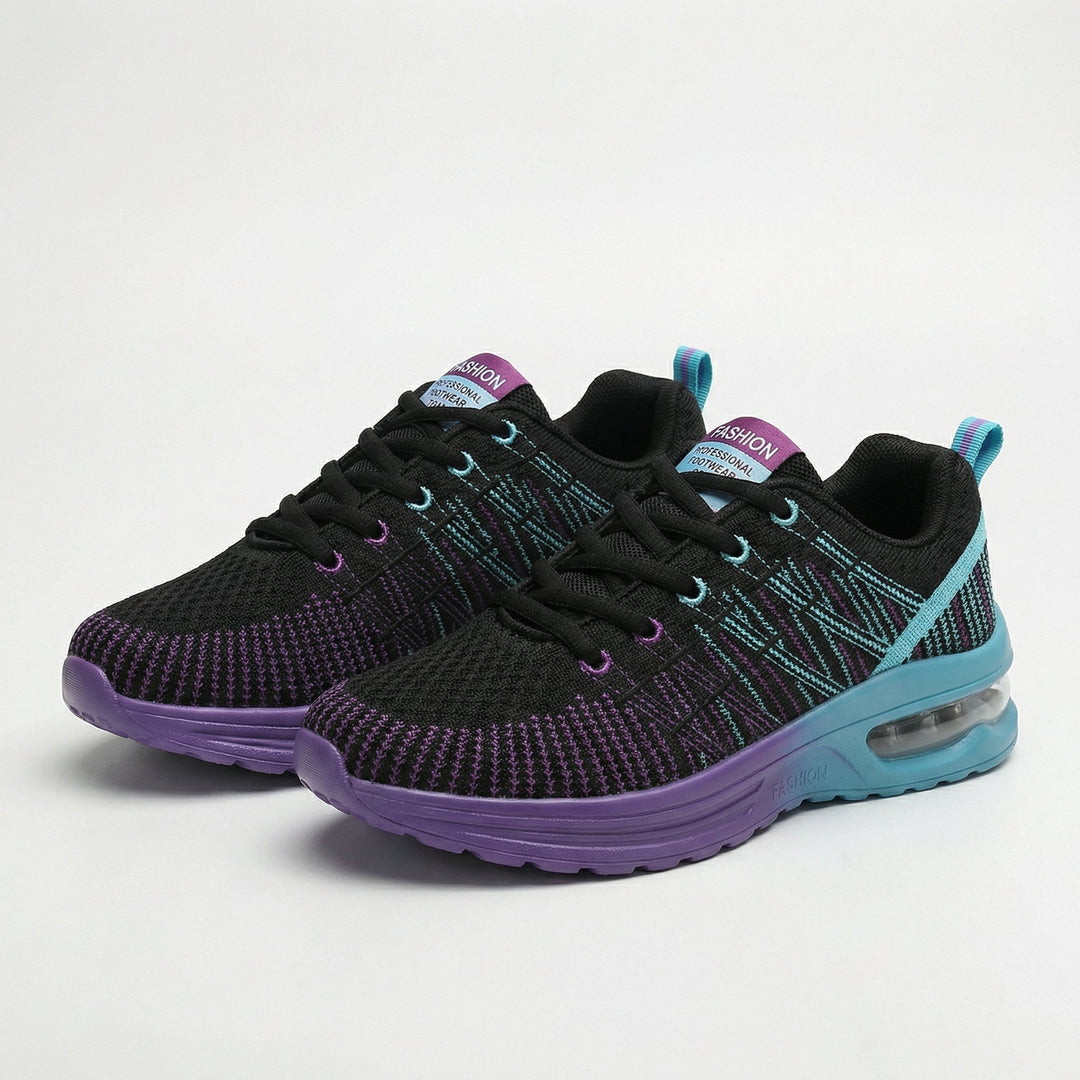 Walking sneakers with black knit upper, purple/teal pattern, lace-up, air-cushion sole