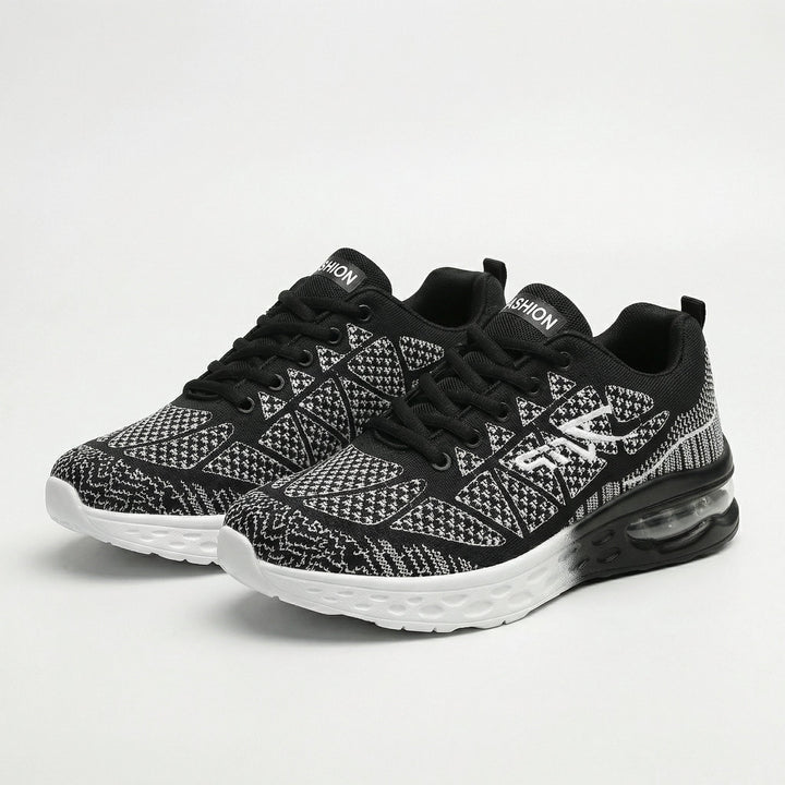 Black-and-white patterned women's walking sneakers with lace-up front and air-cushion sole